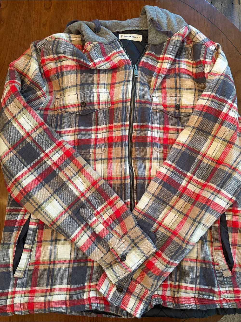 Lucky Brand Men’s Plaid Hooded Flannel Jacket - Red, Gray, Cream